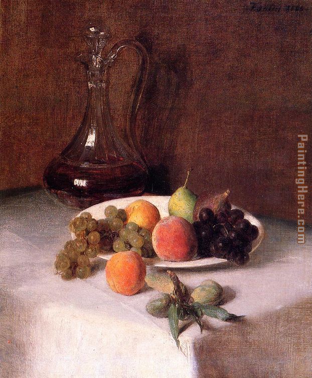 Henri Fantin-Latour A Carafe of Wine and Plate of Fruit on a White Tablecloth